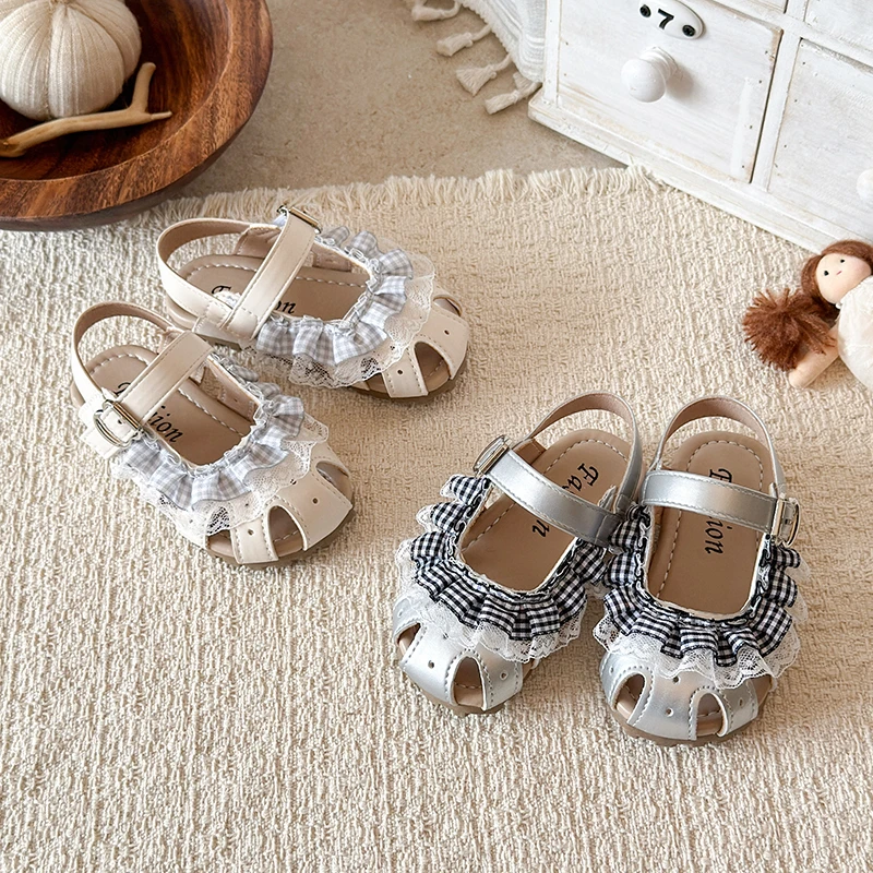 Girls Toes Capped Princess Sandals Children Plaid Lace Ruffle Shoes Soft Sole Non-slip Kids Flats Summer Sandals Peep Toe