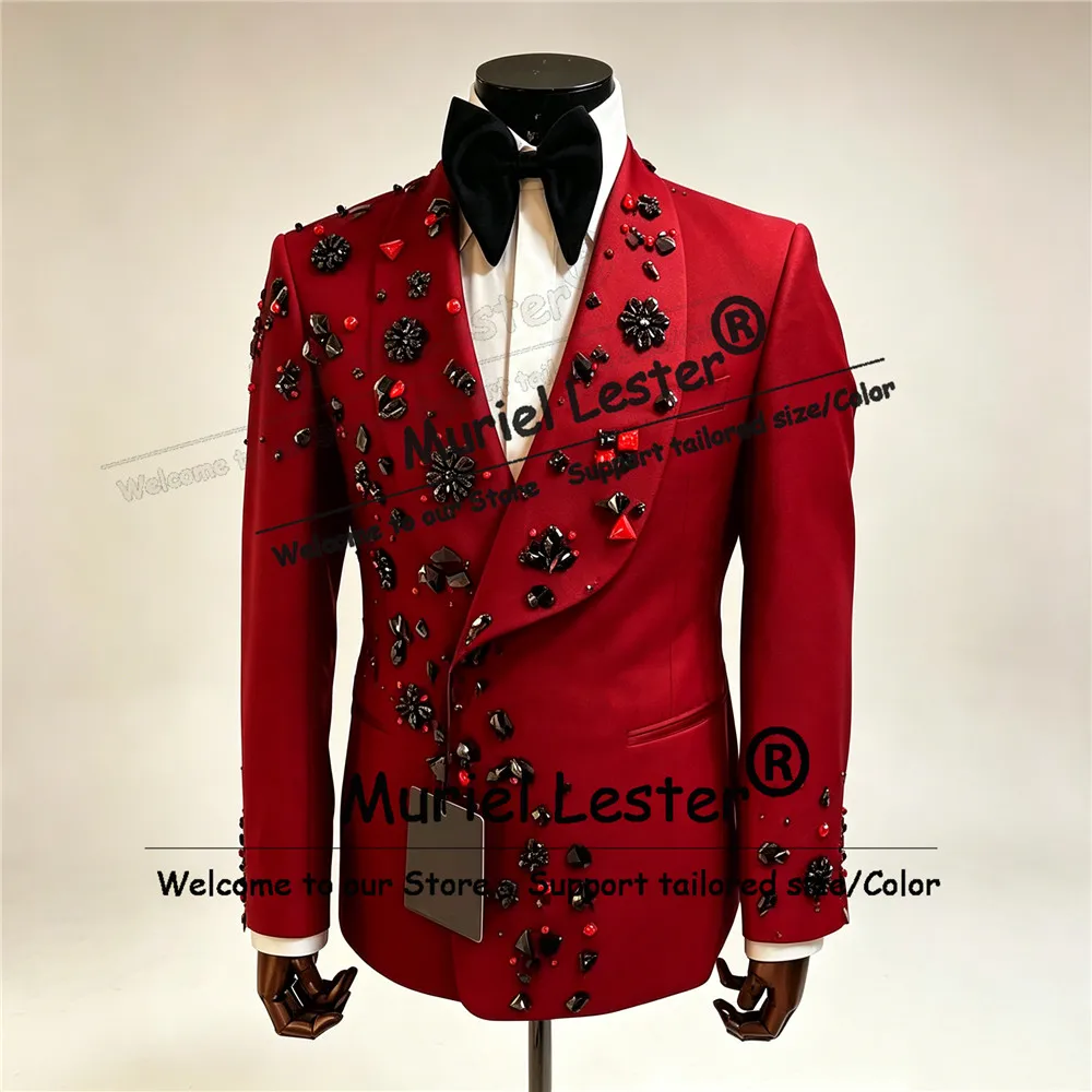 Elegant 2 Pieces Sets Suit For Wedding Diamond Beaded Jacket Pants Slim Fit Double Breasted Groom Prom Man Tuxedos