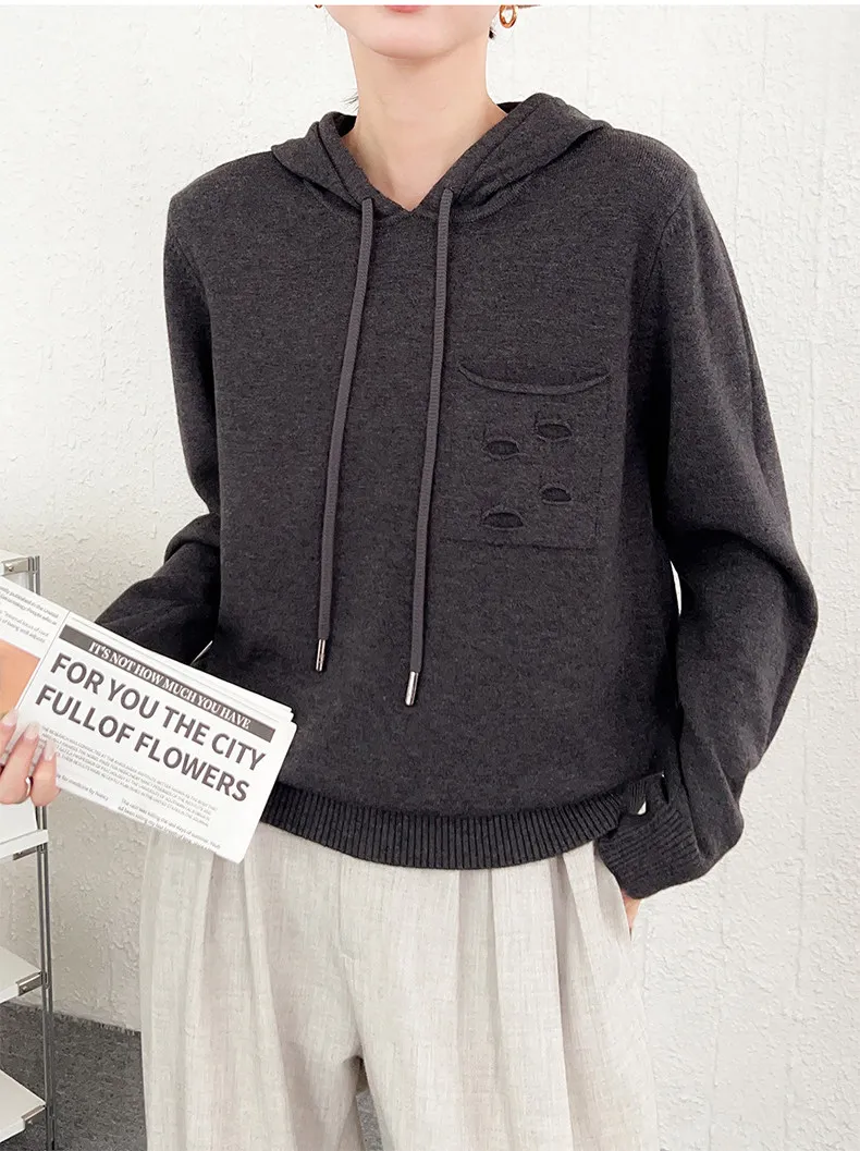 Autumn and winter leisure lazy wind hooded drawstring hole pocket cashmere sweater women's loose slim sweater