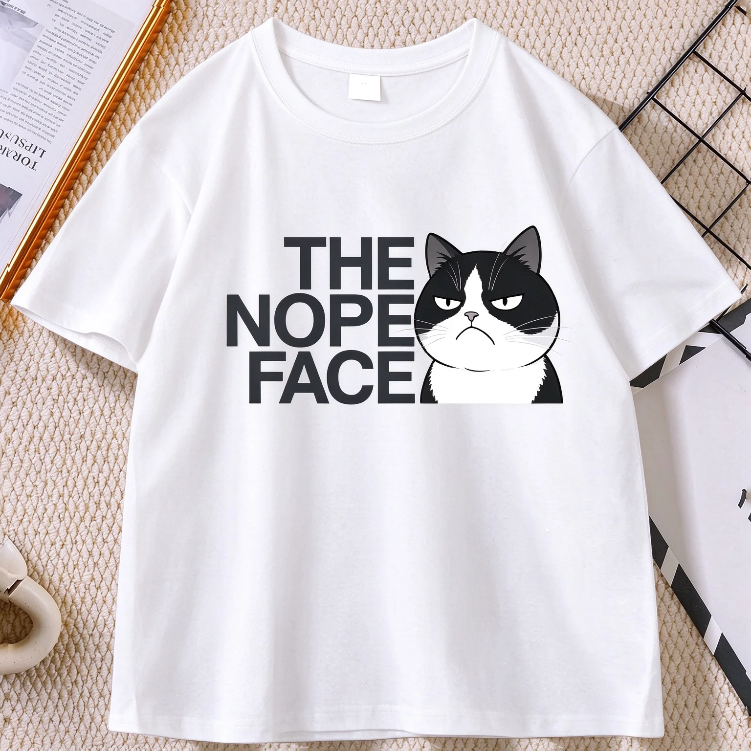 The Nope Face Cat Graphic Tee Unisex Short Sleeve Casual Funny Expression Print Cat Lover Gift Tops
