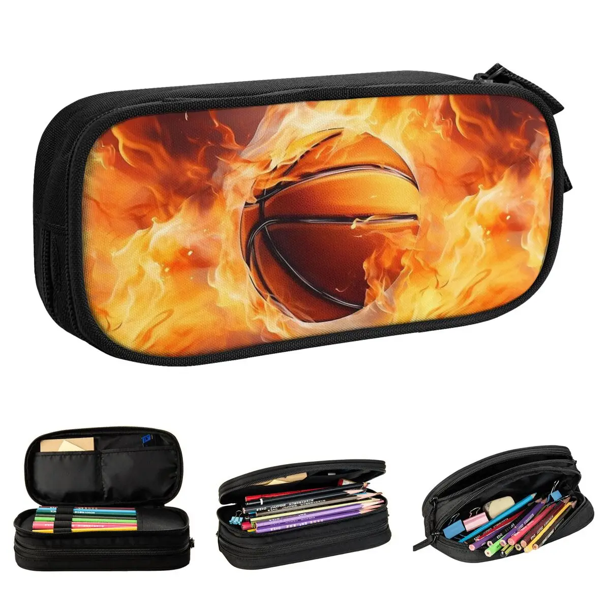 estojos de lapis de basquete on fire bolsa de caneta divertida para estudante grande armazenamento presente de material escolar 01