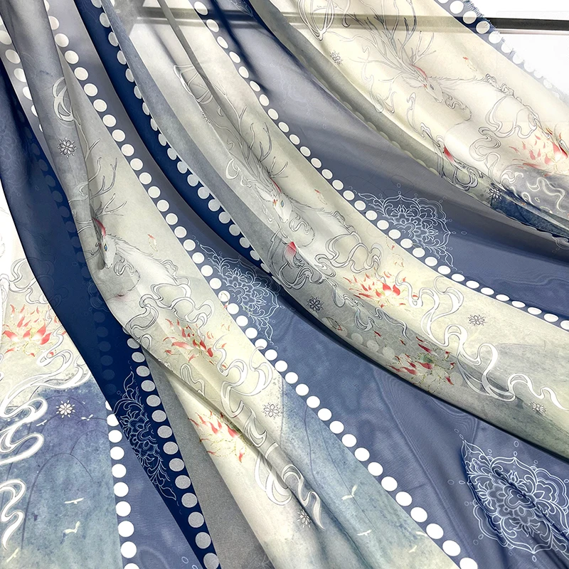 

New Chinese Style Gradient Print Fabric with Poems Landscape Paintings and Crane Motifs Cloth for Hanfu Ruqun DIY Sewing