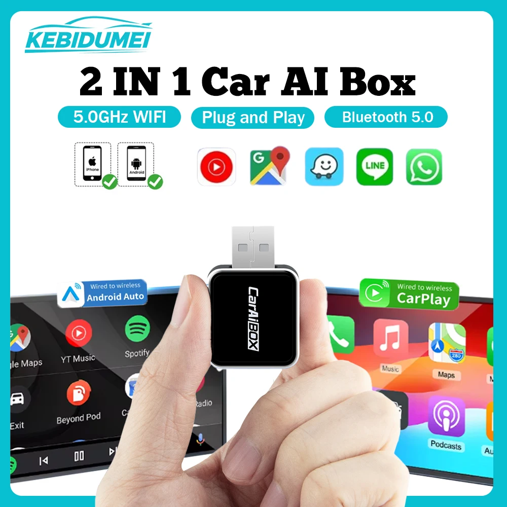 

Умный Wi-Fi-адаптер KEBIDUMEI Car AI Box 2-в-1: проводной в беспроводной, мини-адаптер CarPlay с быстрым подключением, Plug & Play, Android Auto