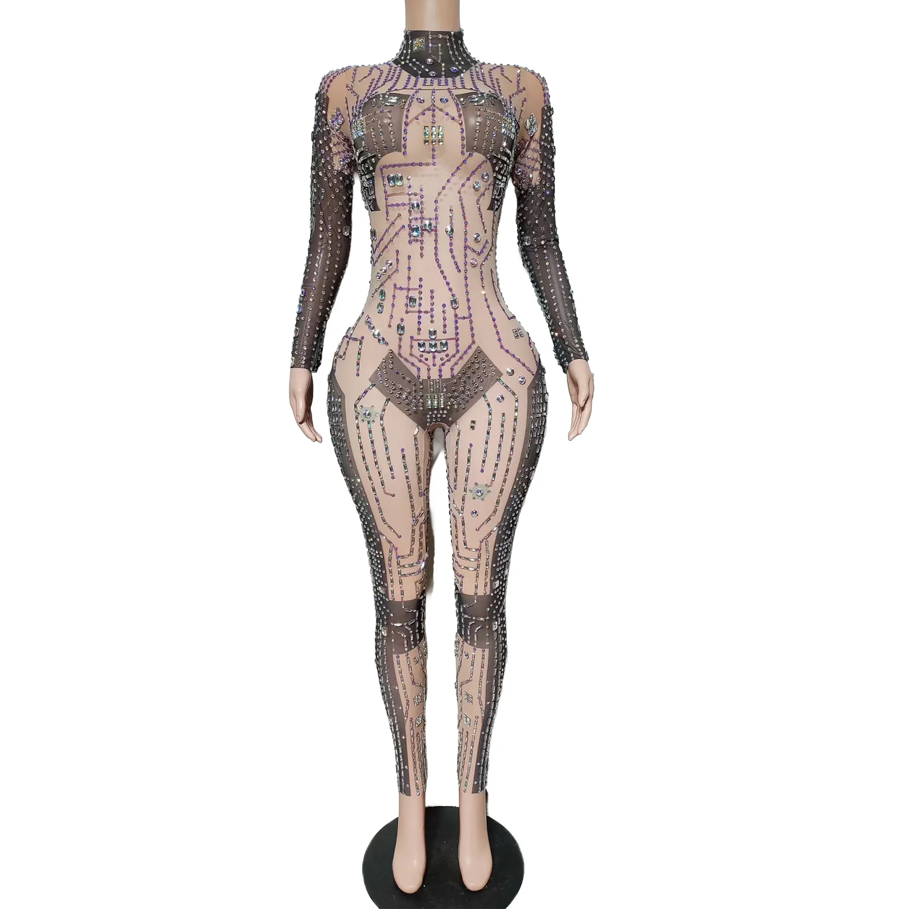 

Qimiao Futuristic Rhinestone Circuit Board Sheer Mesh Jumpsuit for Drag Queen Stage Shows and Nightclub Performances