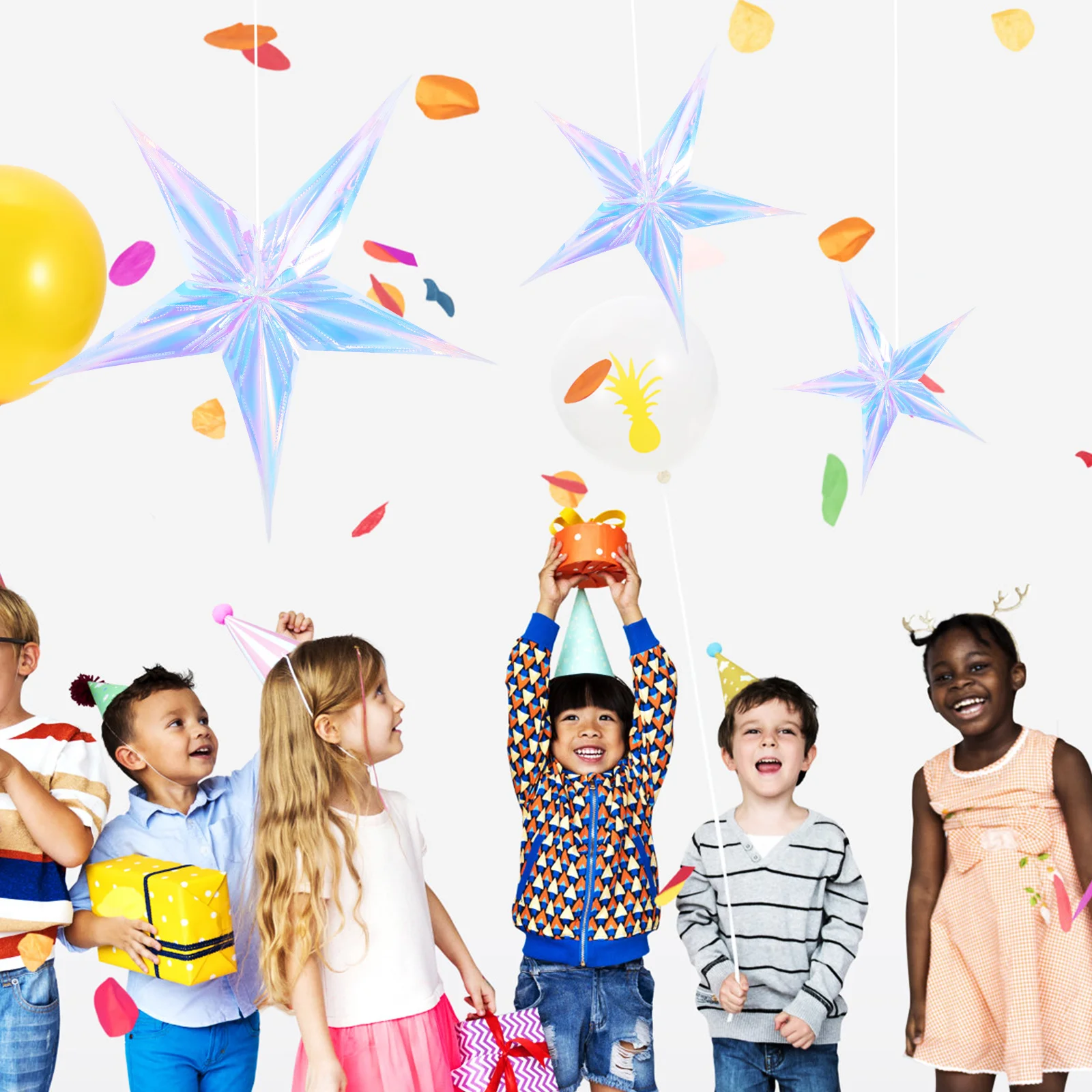 

4pcs Iridescent Five Pointed Star Hanging Decorations 6 12 16 24 Inch Party Decor Christmas Tree Ornament Ceiling Wedding