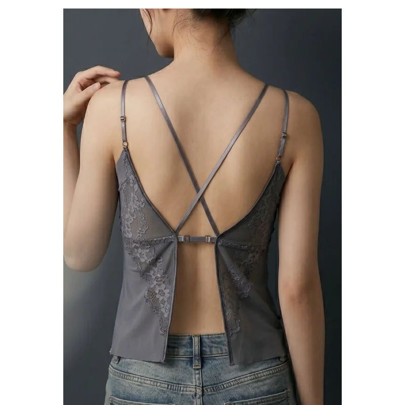 Women Luxury Satin Lace Cami Top Criss Cross Back Slit Sling Wireless Bra Basic Inner Camisole