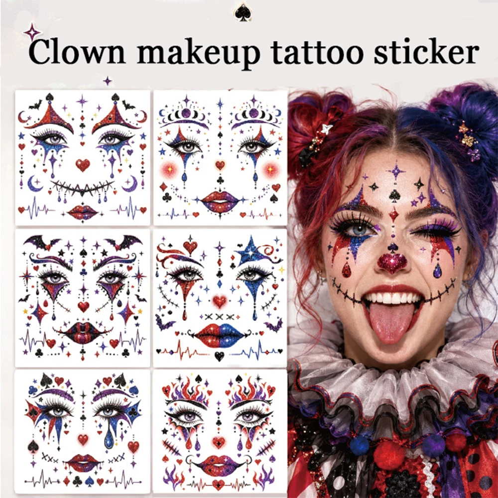 6Pcs/Set Halloween Waterproof Glitter Clown Face Sticker – Poker-Themed Party Makeup & Novelty Face Decal