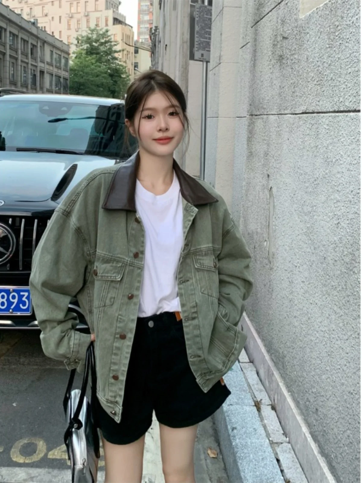 

Denim Coat Pink Flowers Womens Fall Wide Belted Polyester Snap Button Standneck Flared Loose-Fitting Outcoats Embroidered Jacket