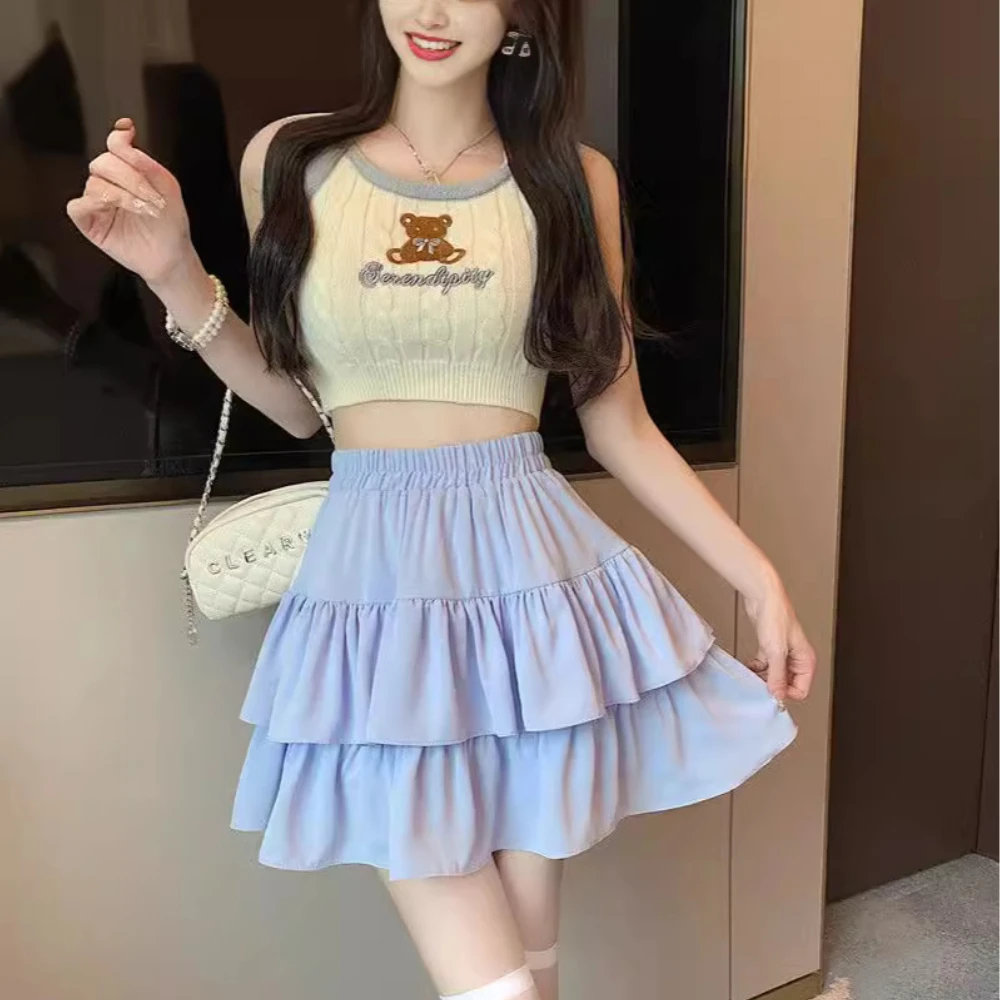 Y2K Women Black White  Vintage Korean Japanese Ruffles Mini Pleated Skirts Kawaii Aesthetic High Waist A-line Skirt Alt Clothes