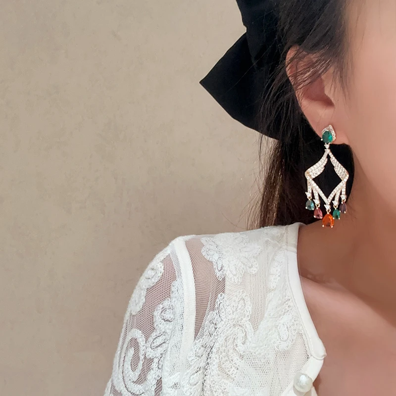 Bohemian ethnic retro colored diamonds hollow colored water drops tassel earrings for women