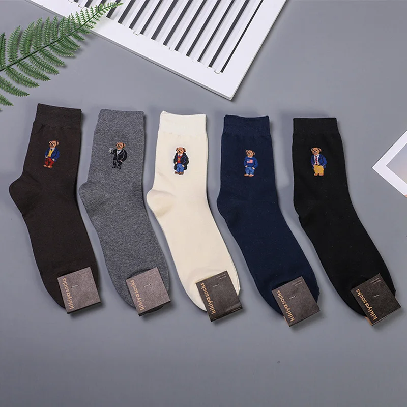 5 Pairs Bear Men\'s Socks Cartoon Gentleman Harajuku Skateboard Socks Wnter Warm Novelty Breathable Business Sox Christmas Gift