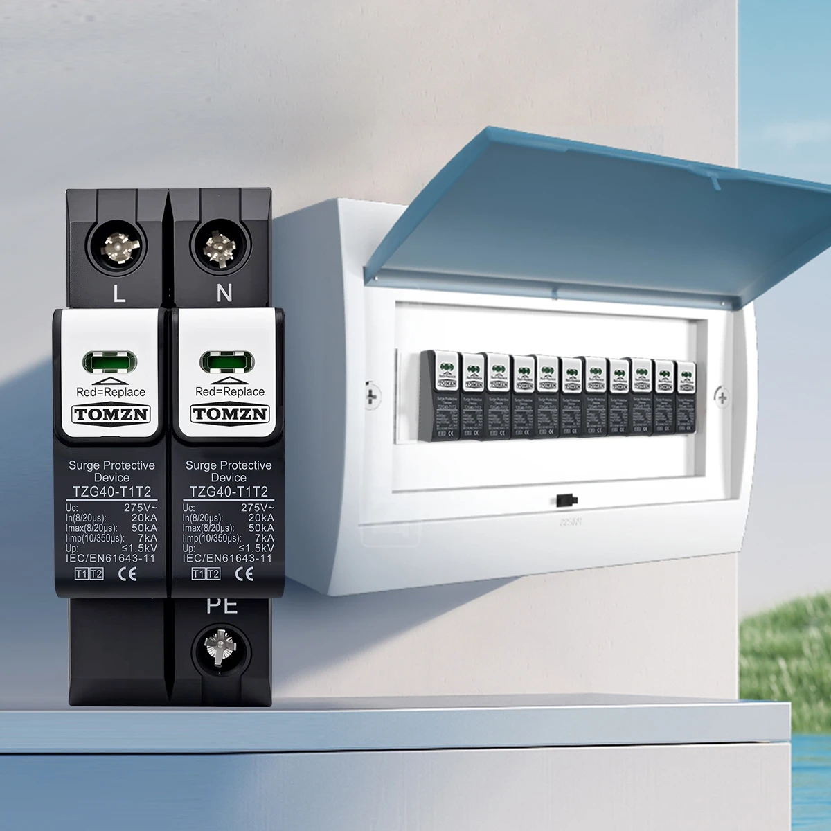 TOMZN Office T1T2 275V AC SPD Surge Protector Lightning Protection 2P 20-50kA Protezione Fulmini Iimp 10/350μs 7kA Household