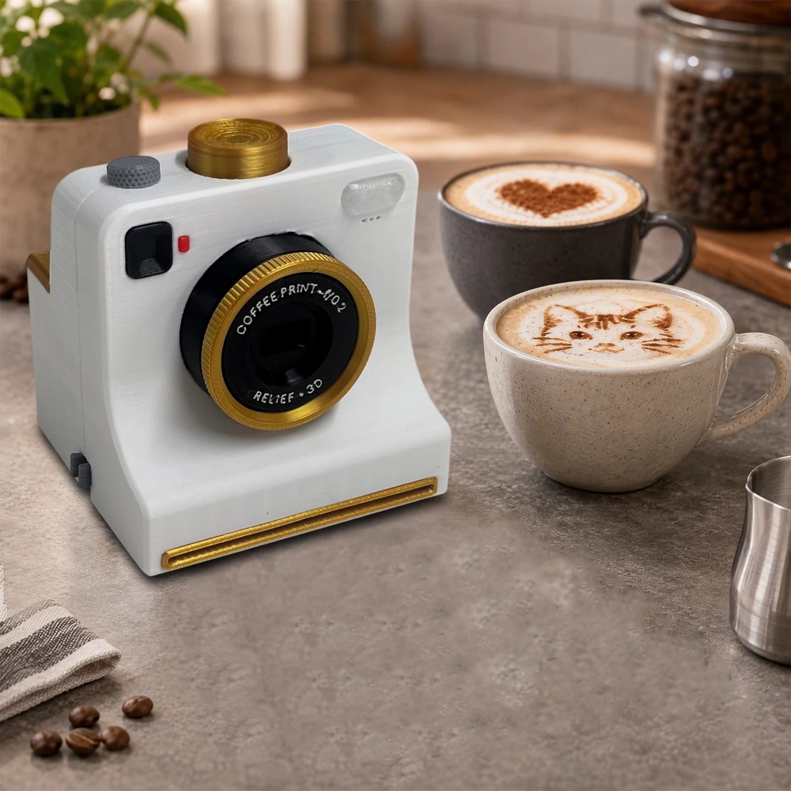 Funny 3D Printed Latte Camera Replaceable Cards One Touch Press DIY Latte Art Camera Tool Vintage Look Included Stencils