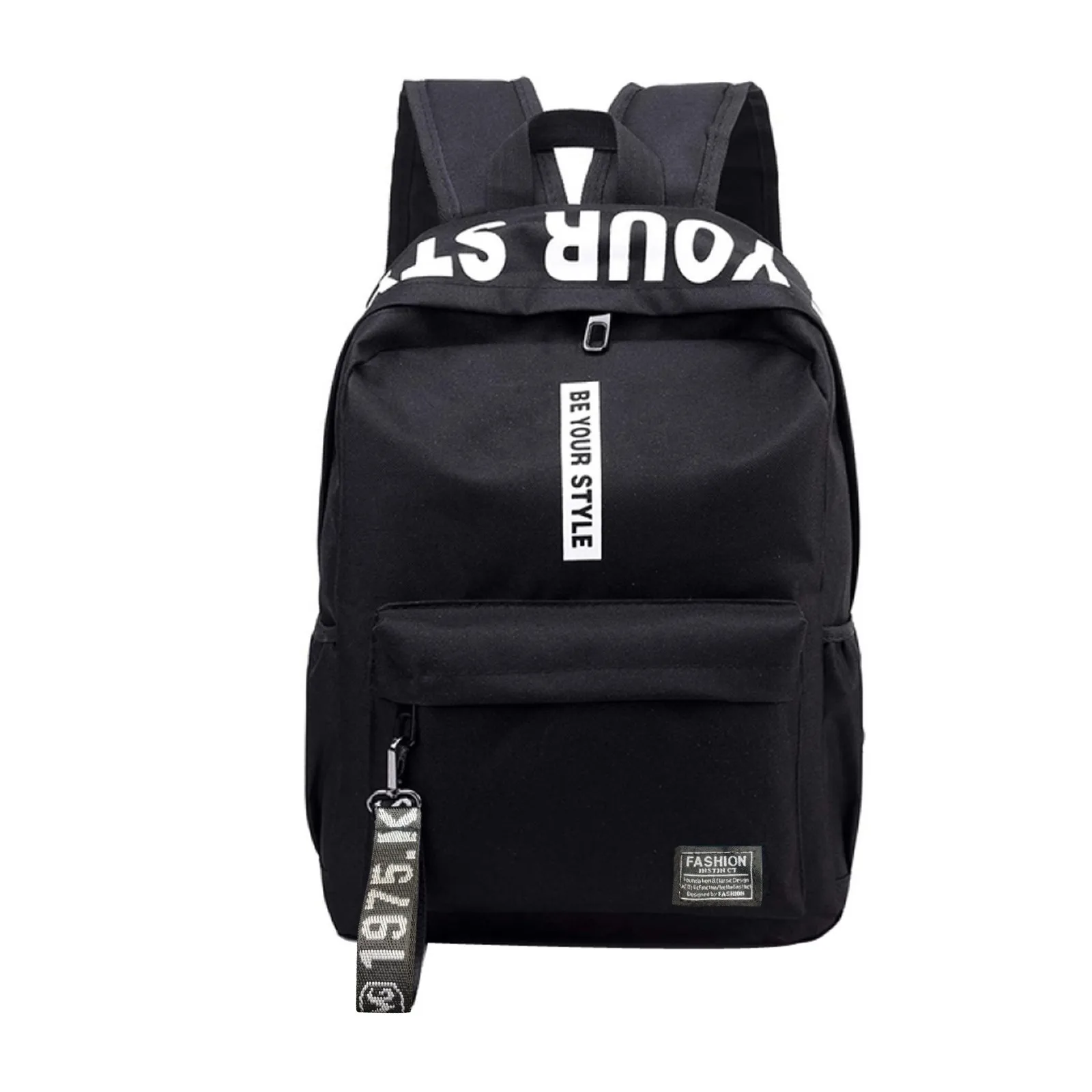 Large Capacity Nylon Waterproof Backpack Solid Color Zipper Letter Lanyard Backpack Men'S Casual All-Match Schoolbag