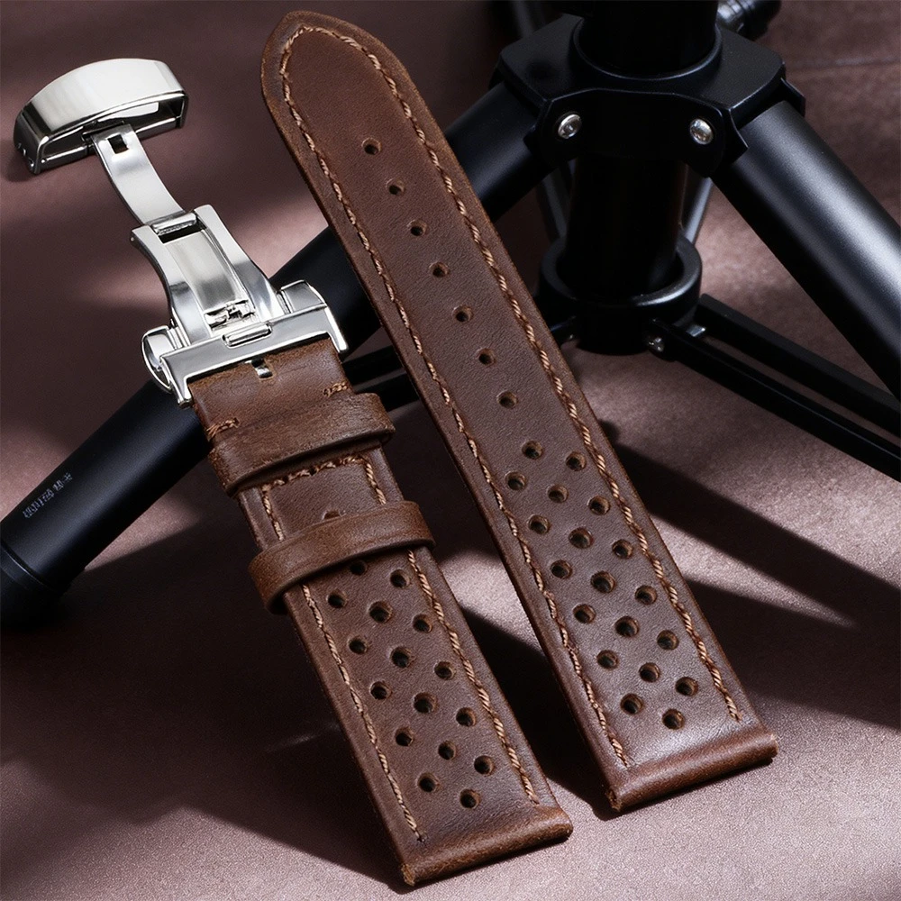 

18mm 20mm 22mm Universal Genuine Cowhide Watch Band Butterfly Buckle Vintage Straps for Men Women Breathable Leather Bracelet