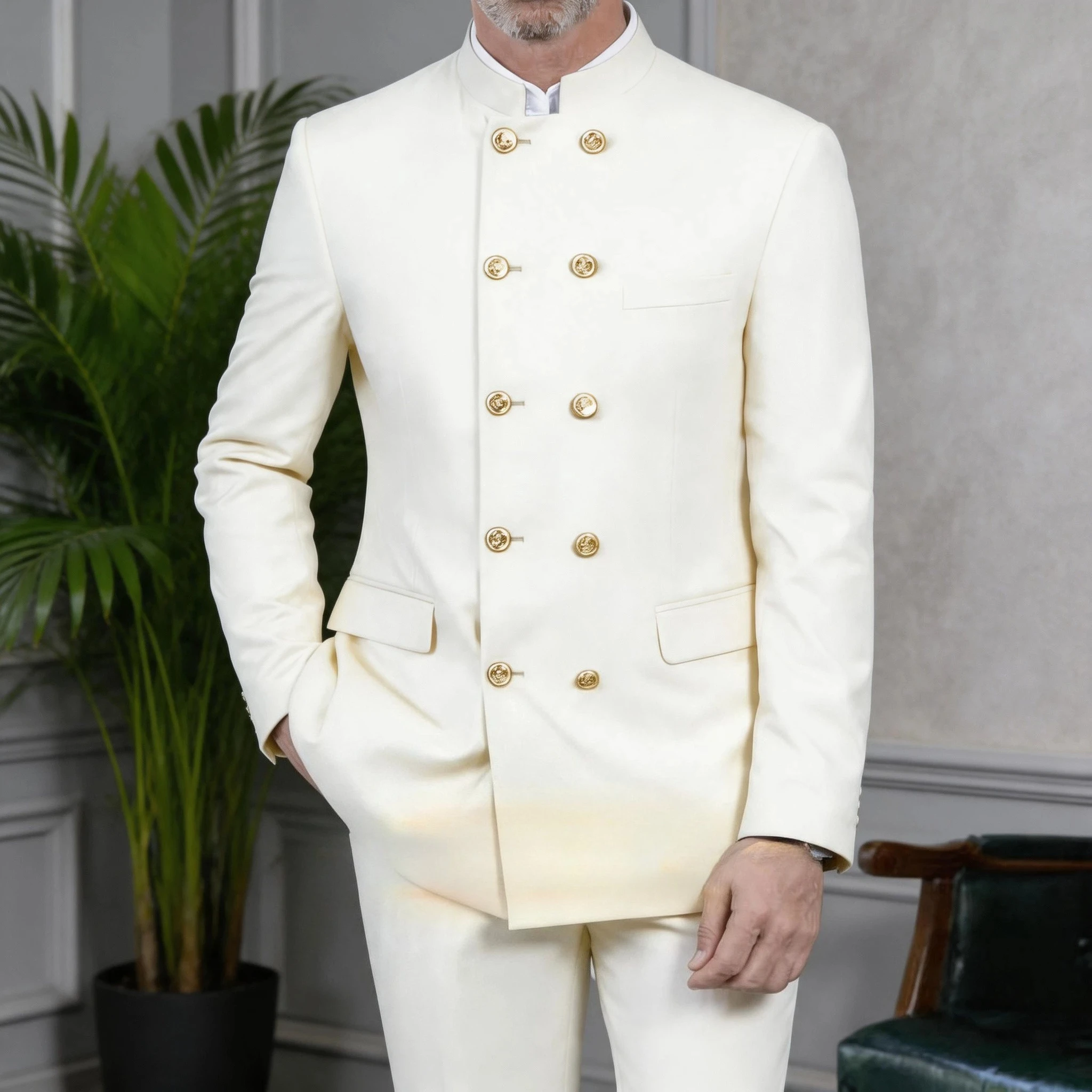 

Ivory men's safari suit classic 2-piece set gold buttons stand-up collar jacket pants custom tuxedo for wedding groom party