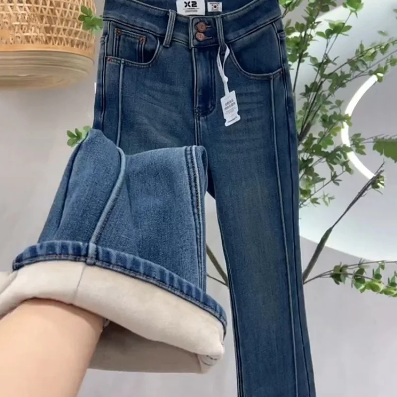 Women's Winter 2025 New Style Flared Pants Retro Blue Thickened Fleece Lined High Waist Jeans for Petites