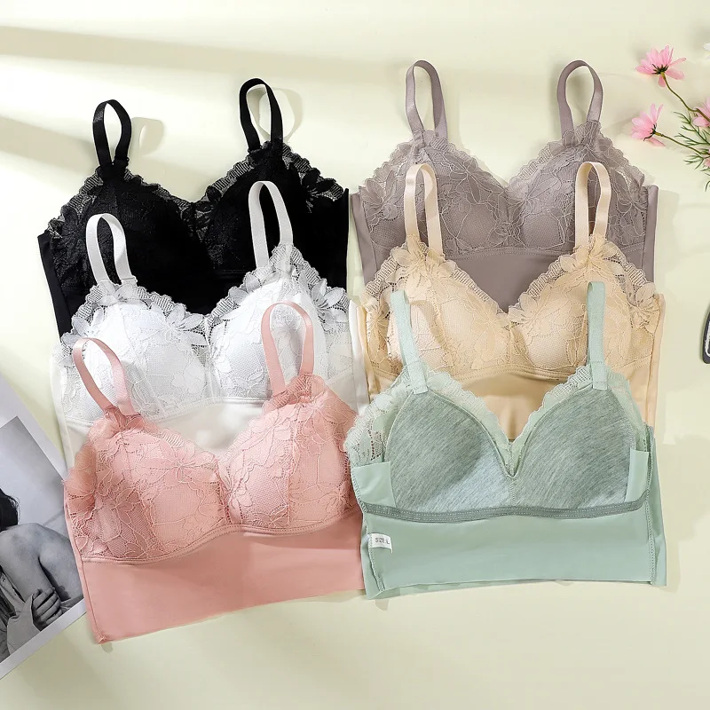 Sexy Beauty Back Bra Women's Lace Sling Basic Wrapped Chest Fixed Cup Breathable Outer Wear Anti-Exposure Tube Top Integrated