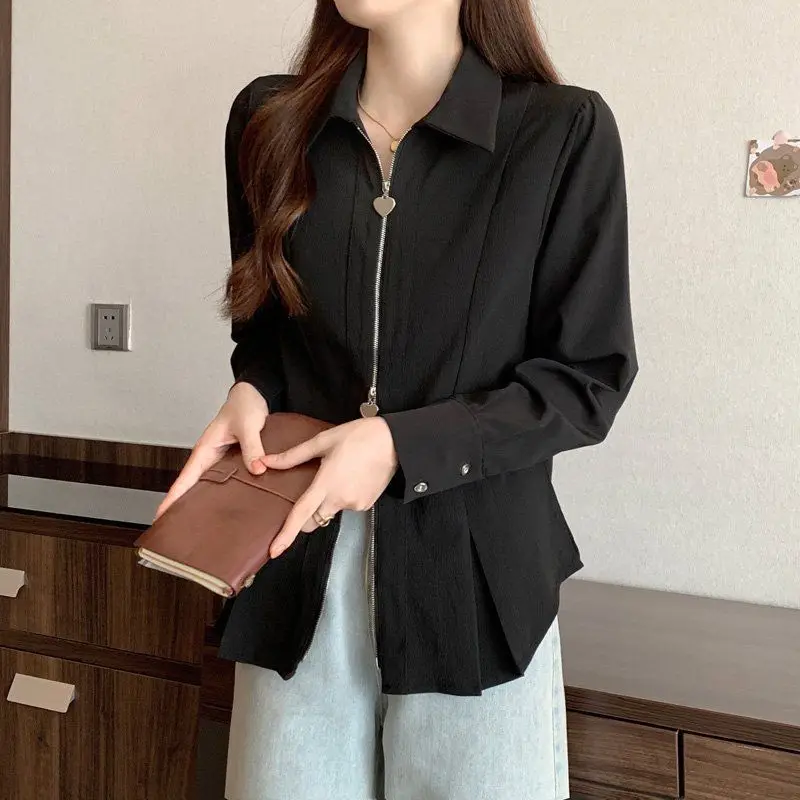 Spring Summer Double Love Zipper Women Long Sleeve T Shirts French Fashion Elegant Smart Casual 2xl Oversized Blouse Black White