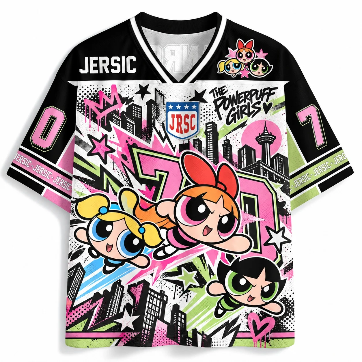 Powerpuff Girls Grafik-Trikot-Shirt für Erwachsene, Unisex, V-Ausschnitt, Cartoon-Streetwear, Y2K, Kawaii, lässiges Sport-Top – Detail 7
