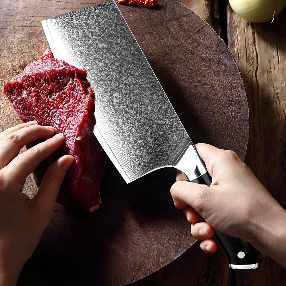 XITUO 7 Inch Chinese Cleaver Knife 67 Layers Damascus High Carbon Steel Razor Sharp Kitchen Knife Full Tang Black G10 Handle