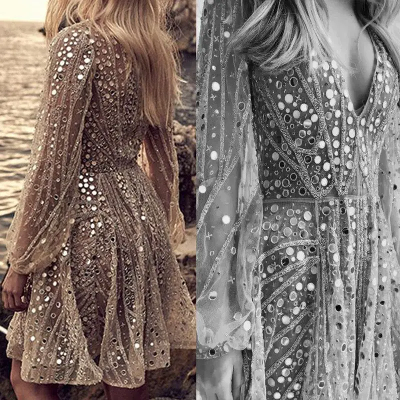 

Новое прозрачное женское платье средней длины V-Ne Long Sve Dr, весна-лето-осень, посыпанное золотое платье Ele