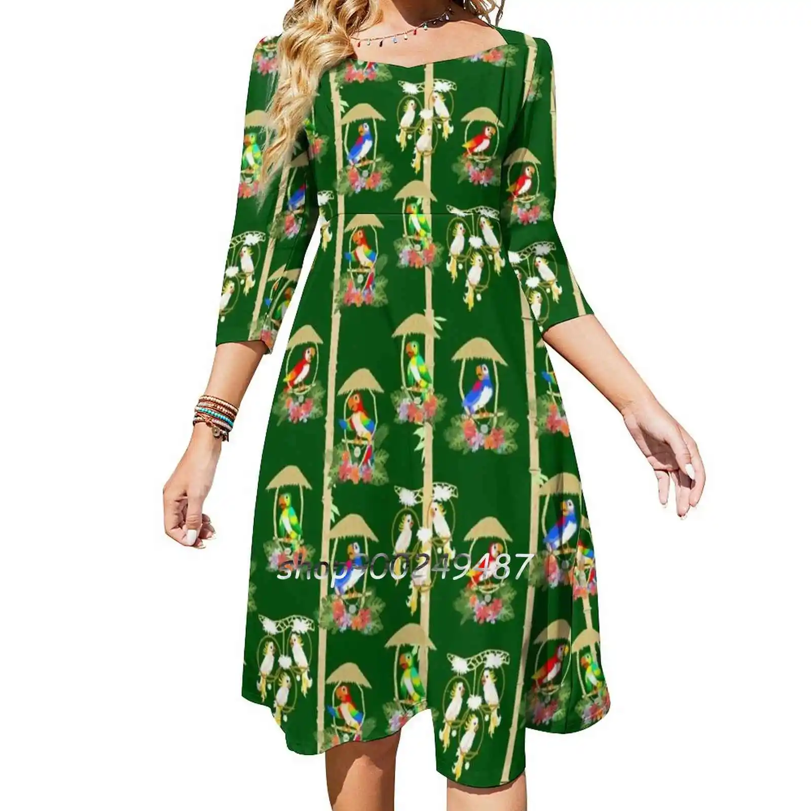 

Tiki Room Birds Square Neck Dress Sweet Summer Dress Women Elegant Halter Print Dress Tiki Tiki Room Enchanted Tropical