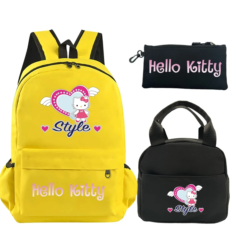 Sanrio-mochila con estampado de Hello Kitty para niño y adolescente, morral escolar con bolsa para el almuerzo, estuche para lápices, Juego de 3 unidades