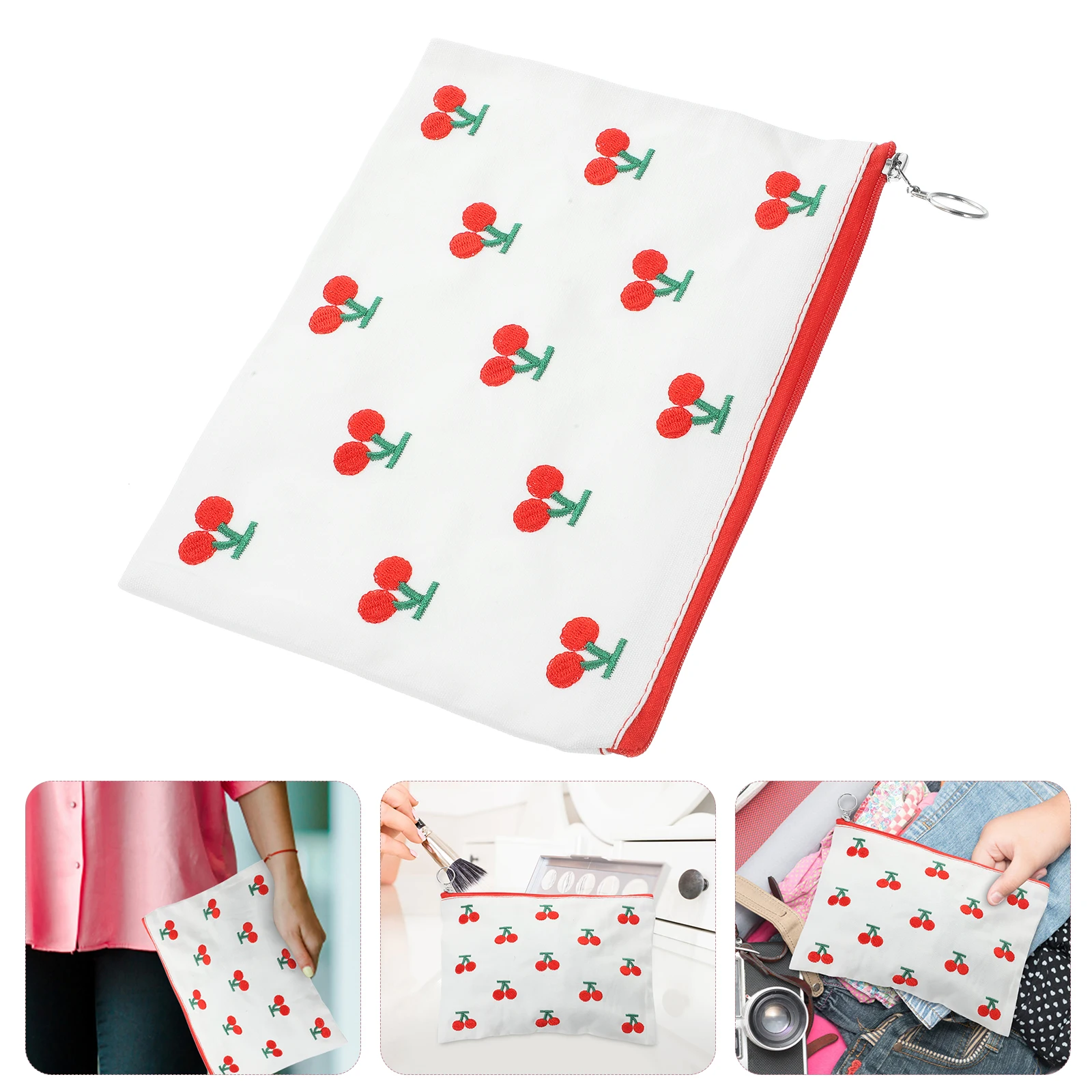チェリー刺繍クラッチバッグポーチトラベルオーガナイザー女性赤柄収納化粧コインポーチジッパーバッグ