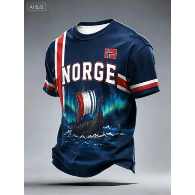 Navy Blue Football T-shirt With 3D Prints Of Norway Viking Longship, Aurora Borealis And Norwegian Flag Stripes