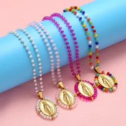 Christian Virgin Mary Zircon Charms Necklace with Stainless Steel Chain Pearls for Women Handmade Seed Bead Necklace:VL162