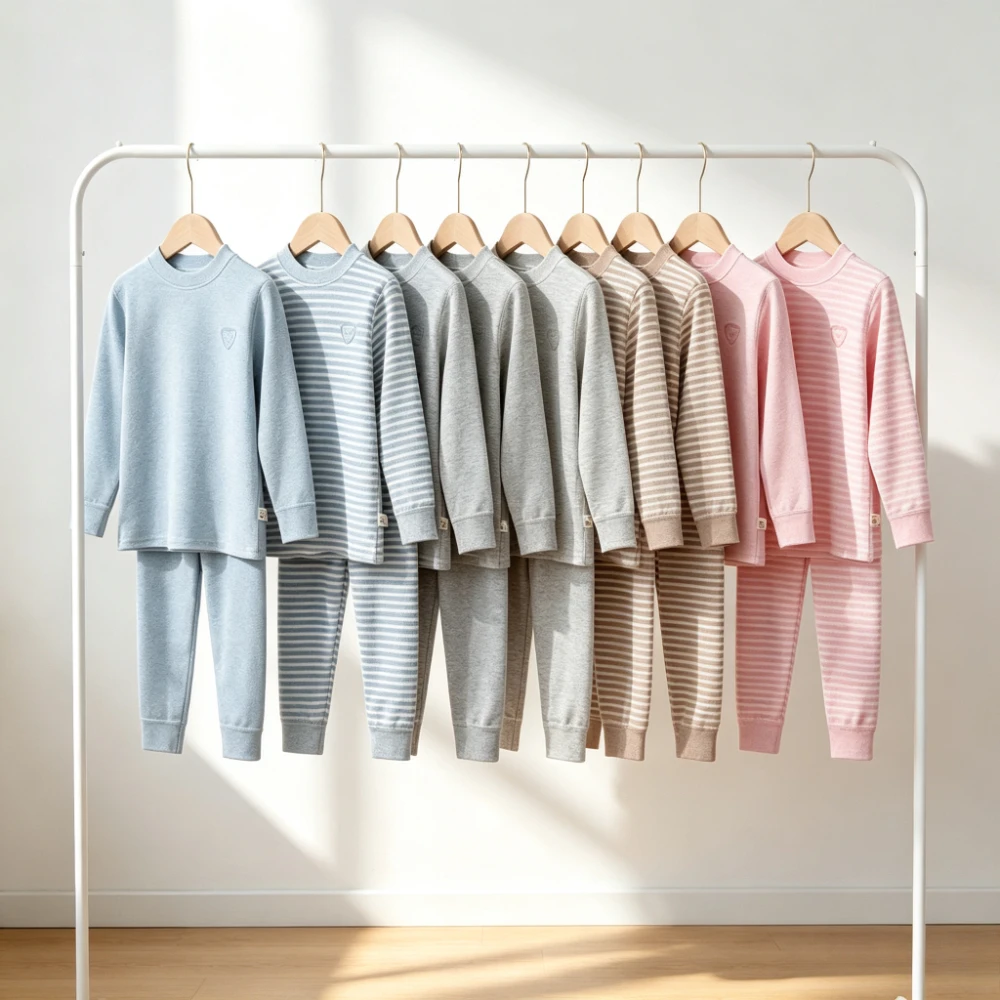 Kids Cotton Thermal Underwear Set Crew Neck Solid Color Winter Warm Base Layer Boys Girls Long Sleeve Top Pants Home Clothes