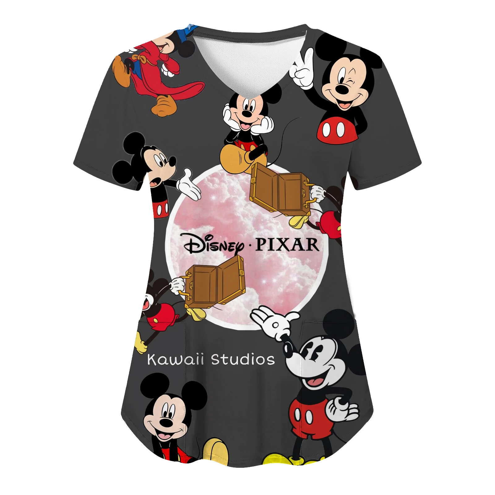 Woman Clothes Hospital T Shirts Mickey Tops Disney T-shirt V Neck Nurse Uniform T-shirts Minnie Mouse Top Women 2024 Pocket Tees