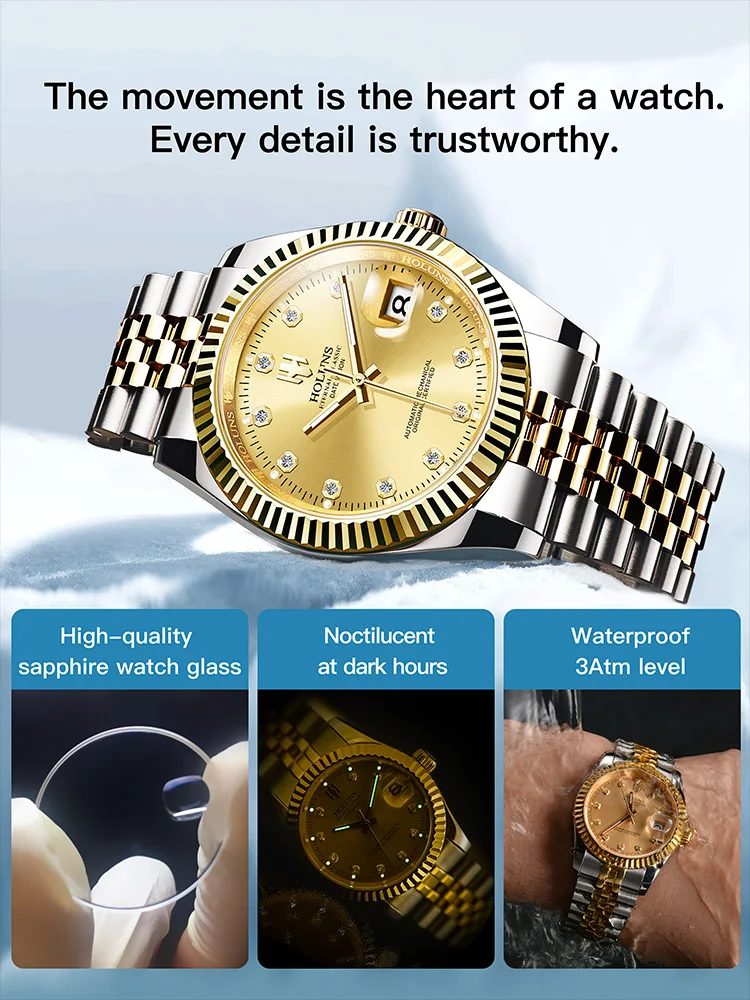 Holuns orologio in oro per uomo diamanti di lusso classico orologio meccanico automatico da uomo in acciaio inossidabile impermeabile Relogio Masculino
