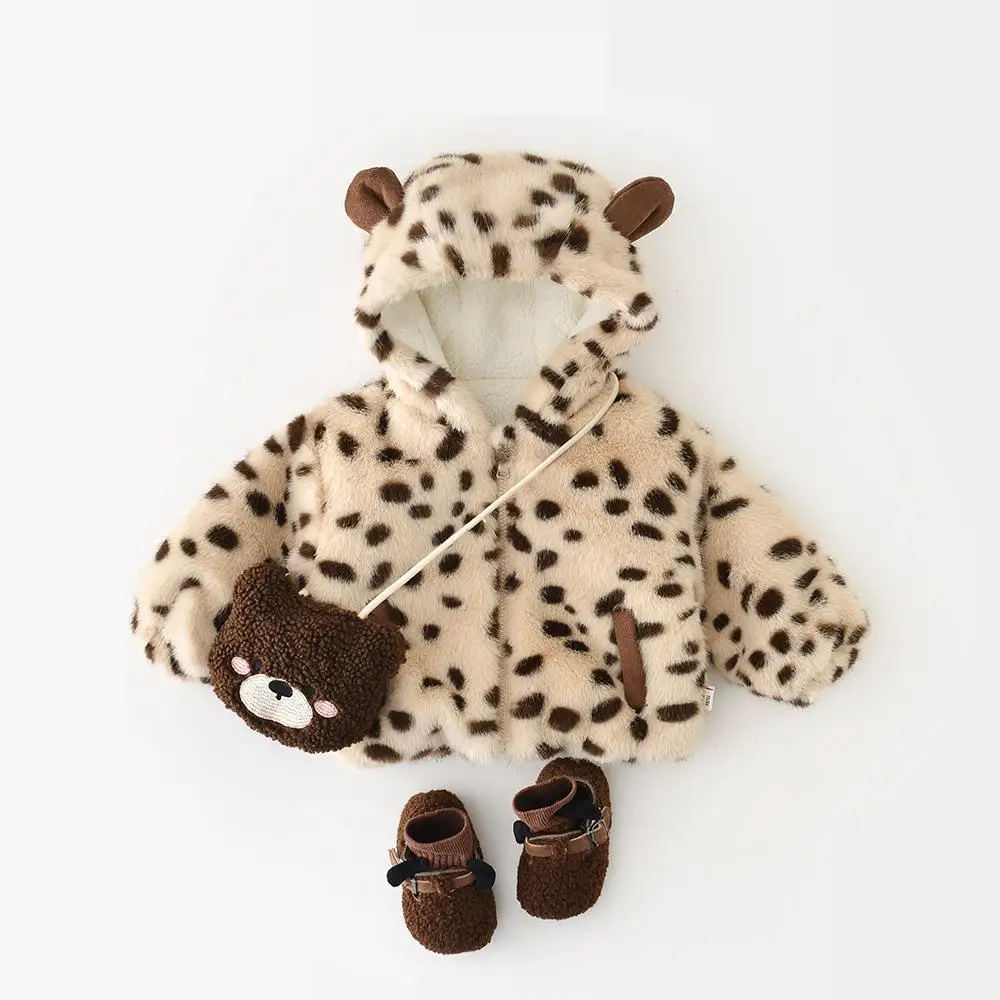 

2025 Winter New Baby Warm Plush Coat Plus Velvet Thick Infant Boy Girl Leopard Print Hooded Coat Toddler Cotton Padded Jacket