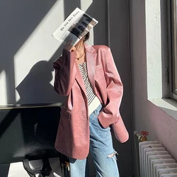 High Quality Soft Bright Pink Croc-print Faux PU Leather Jacket Loose Long Sleeve Female Blazer Jackets Streetwear 2024 Spring