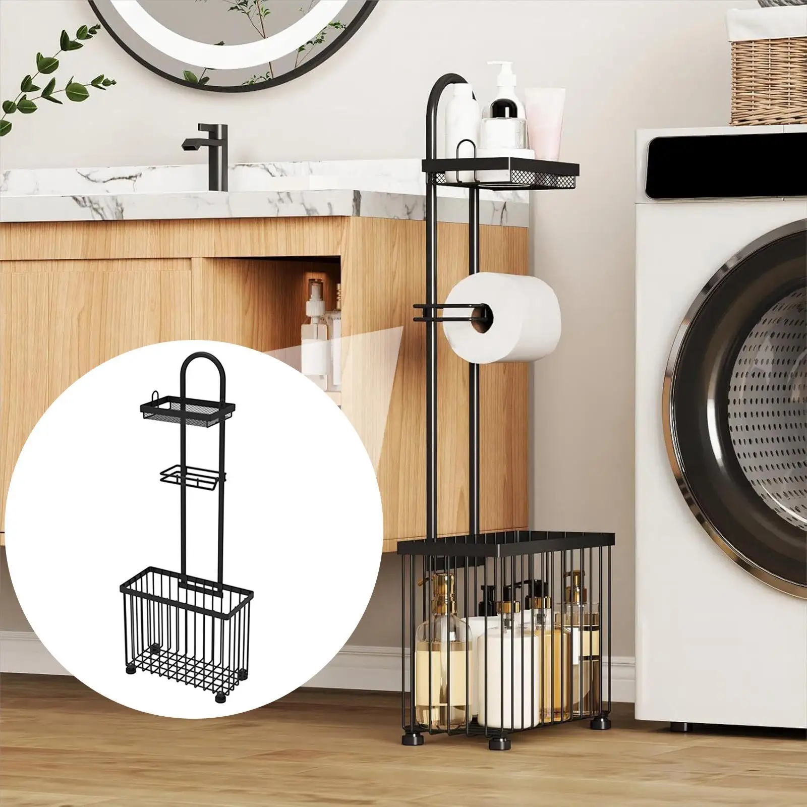 

Toilet Paper Holder Stand Home Household Bathroom Organizer with Storage Shelf for Magazines Bathing Restroom Small Items Phone