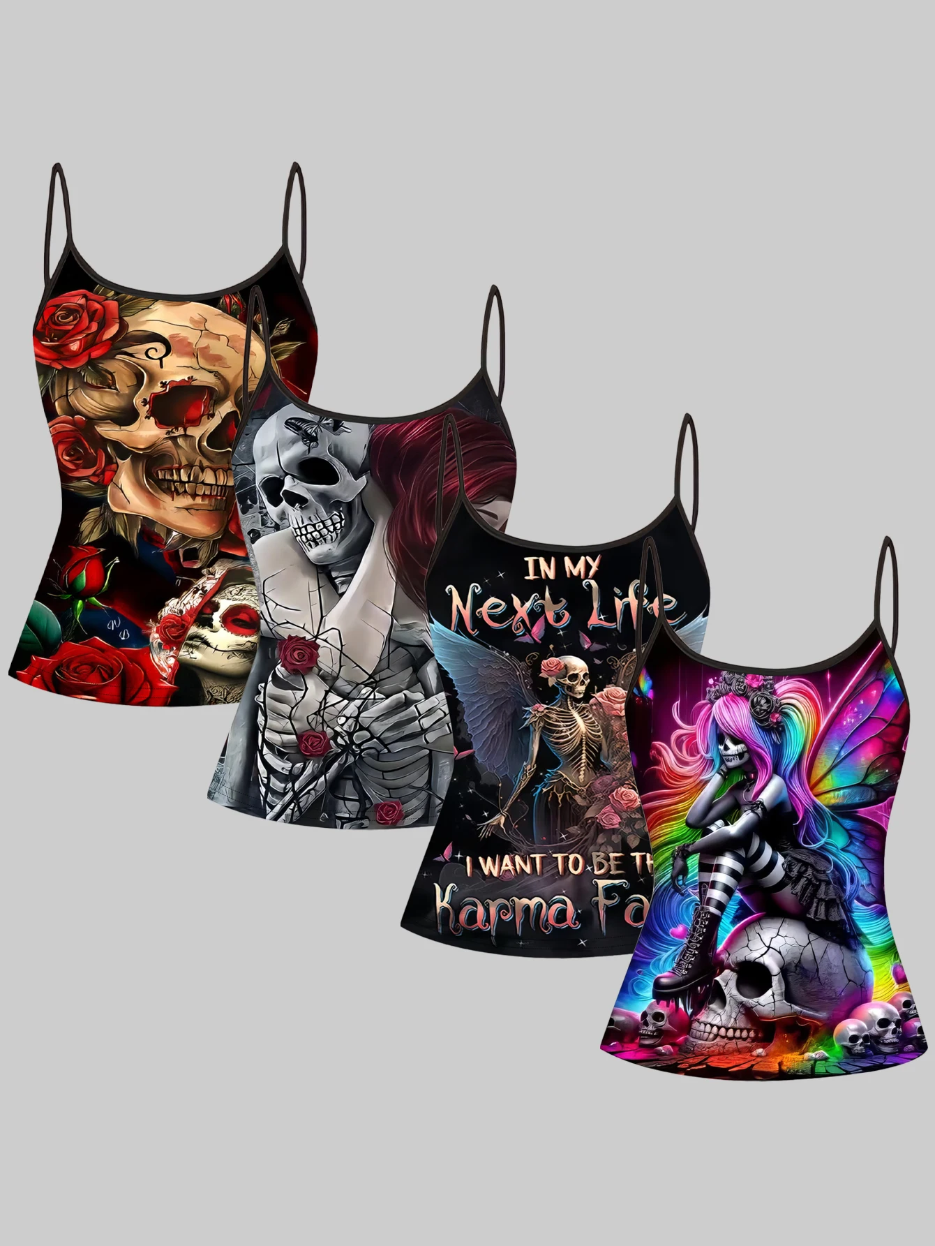 4-Pack Women's Skeleton Print Camisole Tops with Rose Day of the Dead Gothic Punk Pattern Slim Fit Inner Wear Tops