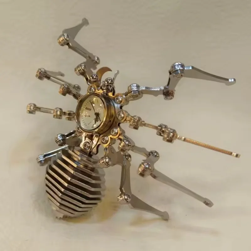 Steampunk Mechanical Spider Ornament with Clock, Stainless Steel Handmade Figurine, Movable Legs Desktop Decor, Collectible Gift