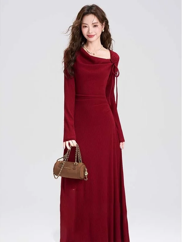 Red Hepburn Style Long Sleeve Dress Waist Cinched Elegant Long Skirt Return Home Clothes Women's Autumn New Arrival D4003