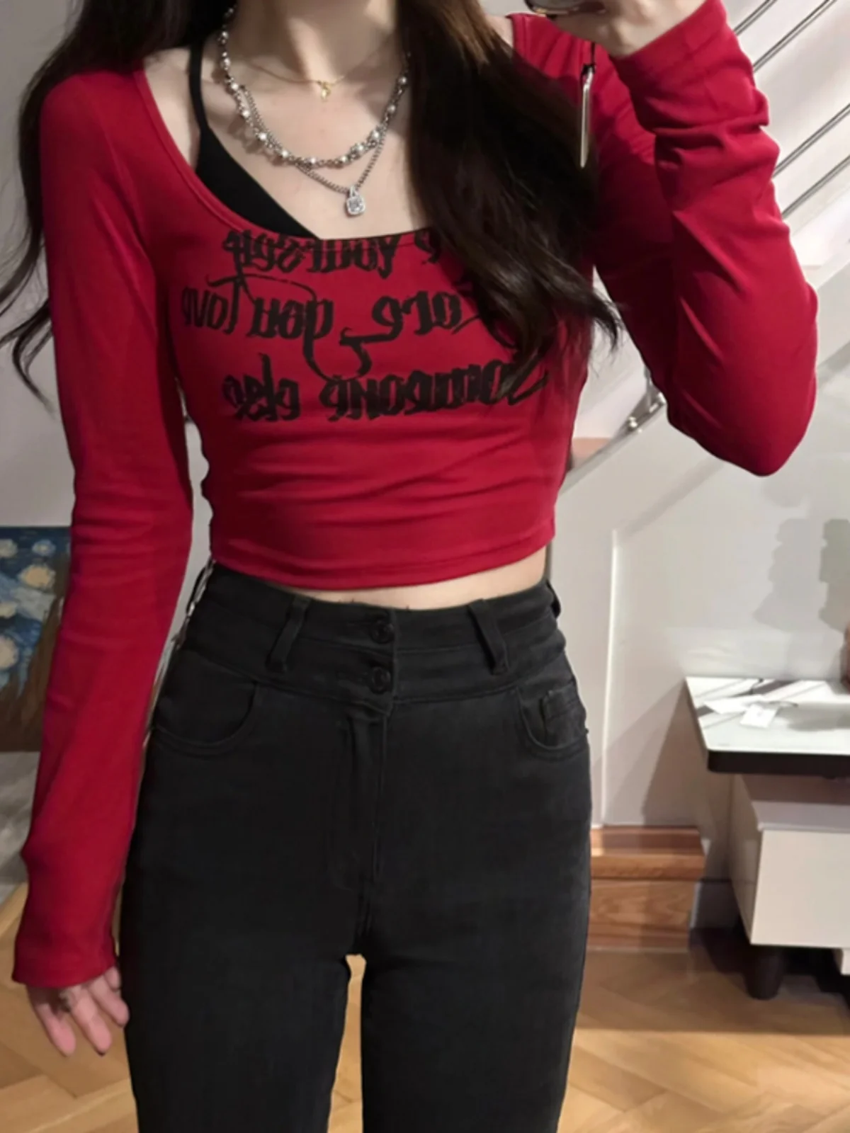 

Женская футболка с принтом Spicy Girl, весенне-осенний новый топ Sle Long Sve U-Ne ort с дизайном на бретелях Pure Desire Faion