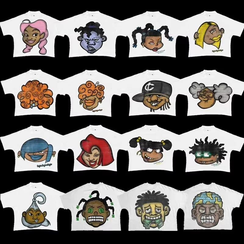 

2025 Summer Fashion Hip-hop Super large cartoon print short-sleeved loose trendy T-shirt cotton streetwear top for men and women
