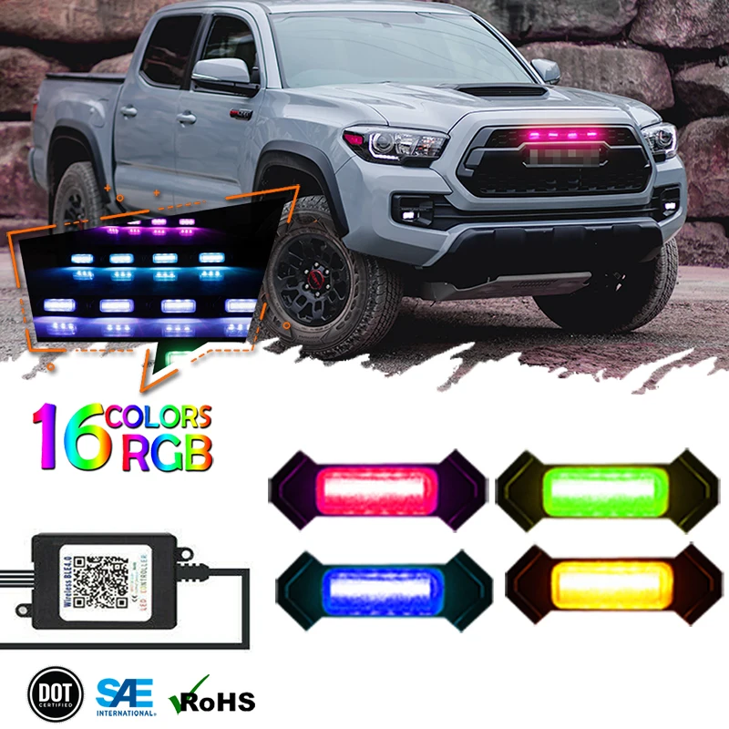 

4pcs 12V RGB Colorful Front Grille LED Light Wiring Harness Kit For Toyota Tacoma 2016 2017 2018 2019 2020 w/TRD Pro APP Control