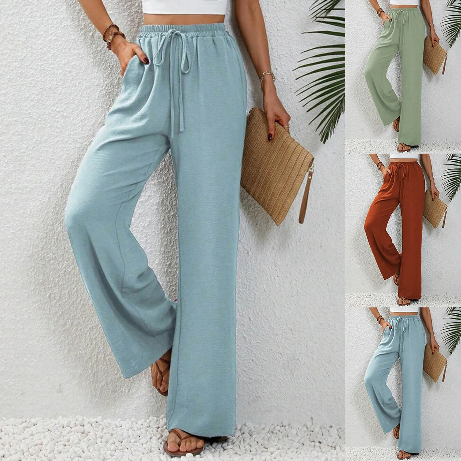 

Women's Pants Solid Elastic Waist Trouser Pant High Waist Wide Leg Regular Fit Palazzo Pants With Thick Sweatpants for Women