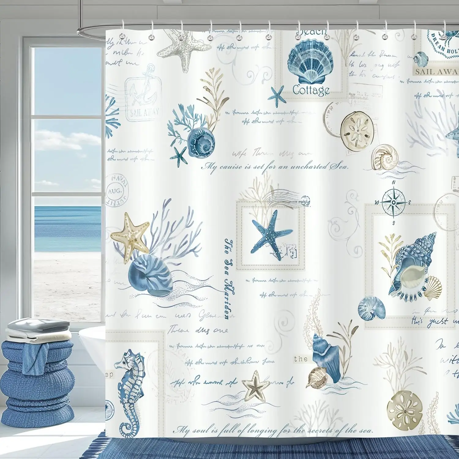 Nautical Coast Blue Starfish Shell Shower Curtain 180 x 180cm Polyester Waterproof Mildew Washable Shower Curtain with 12 Hooks