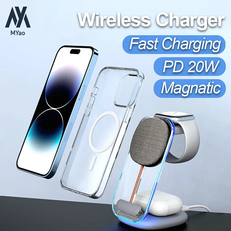

3 in 1 20W LED Magnatic Wireless Charger Stand Pad for Apple Watch AirPods iPhone 12 13 14 15 16 Mini Plus Pro Max Phone Station