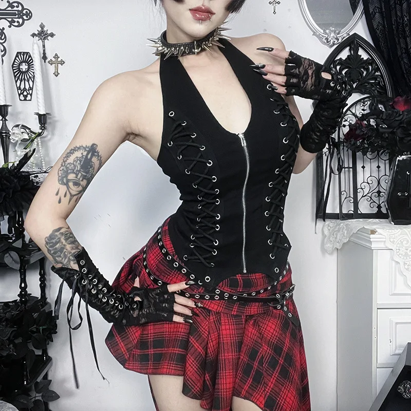 

Gothic T shirt Women Punk Tops Vintage Clothes Lace Up Bandage T shirts Tank Grunge Camisole Dark Trendy Y2k Crop Top Aesthetic