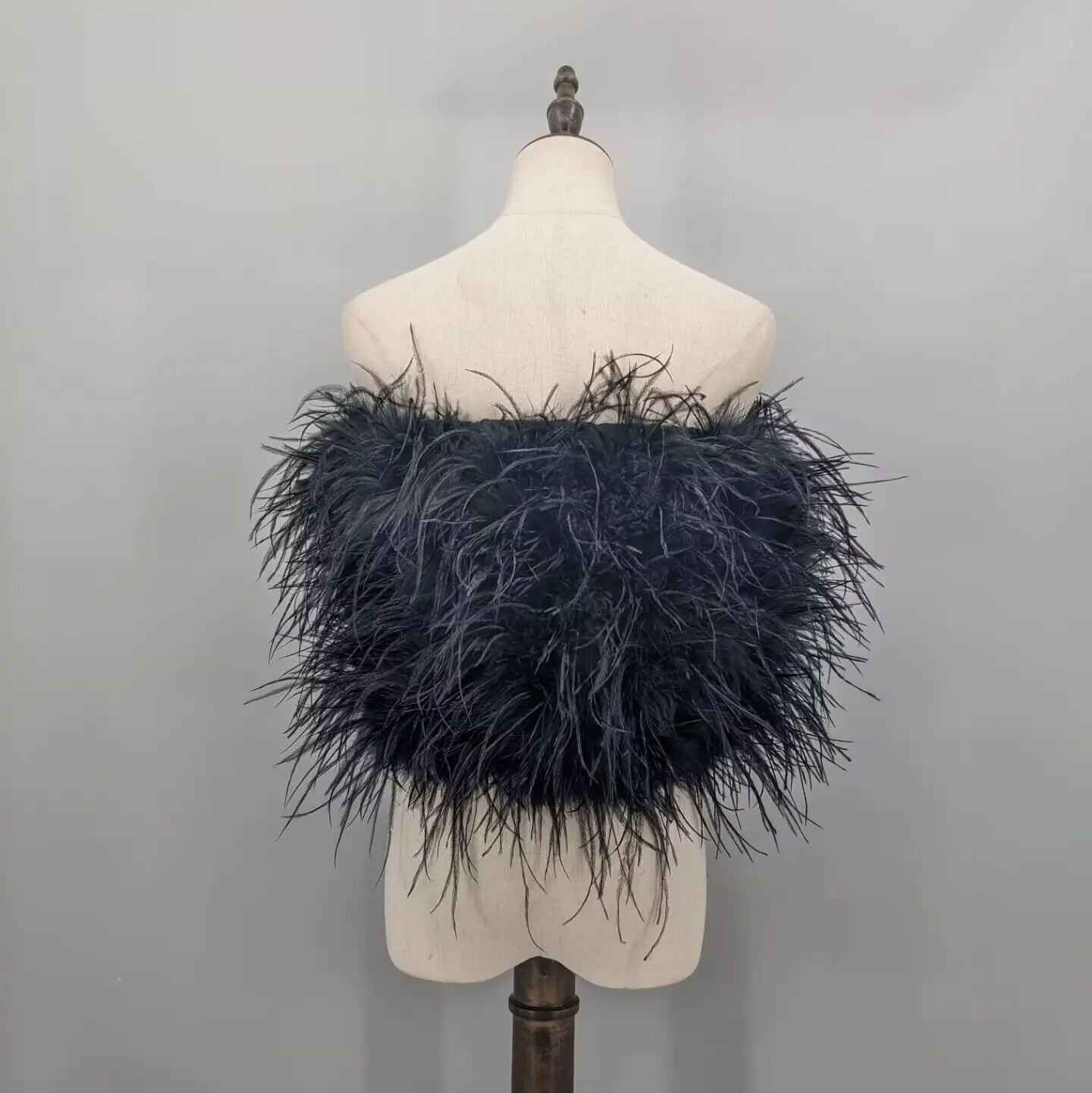 Women Black Real Ostrich Feather Strapless Tube Top Off Shoulder Fluffy Crop Bustier Wedding Party Banquet Club Top 21A0701