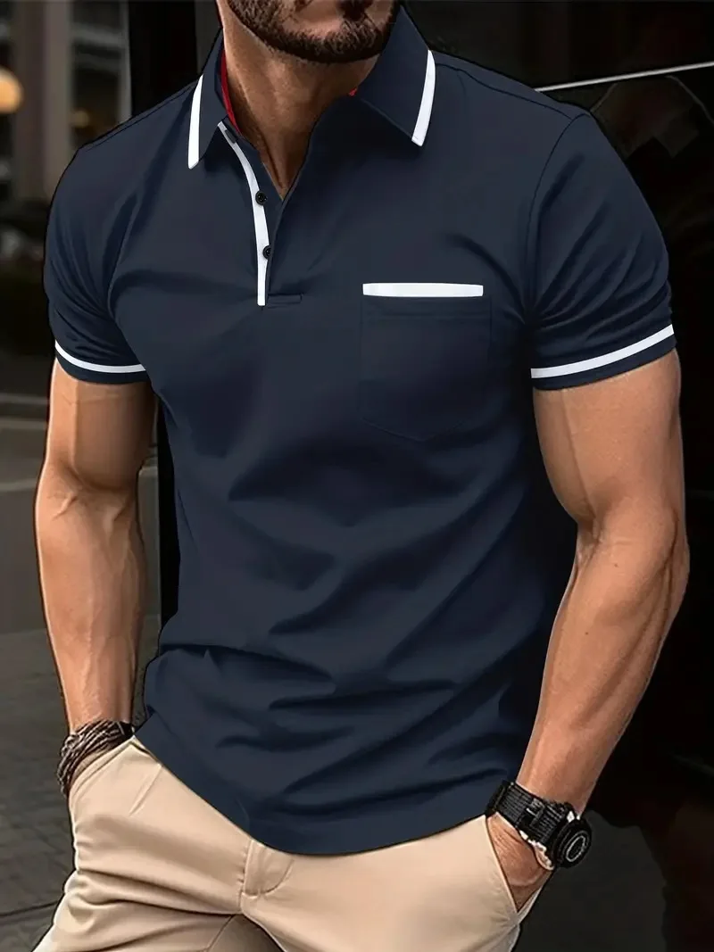 Men's Casual Fashion Solid Color Short-sleeve Top, Collar Designed Men's Short-sleeve T-shirt, Casual Fashion Polo Shirt Top
