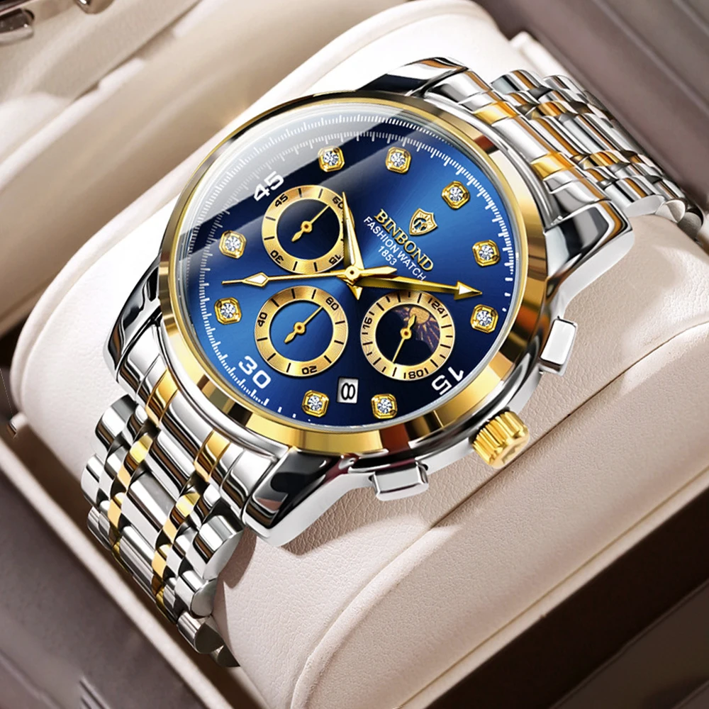 

BINBOND мужские часы деловая мода многофункциональный хронограф фаза Луны дата водостойкие светящиеся оригинальные кварцевые часы новые